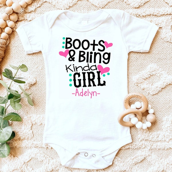 Boots and Bling Kinda Girl Shirt | T-Shirt Shirt One Piece Bodysuit | Personalized Custom Name | Little Girl | Baby Girl | Country Cow girl