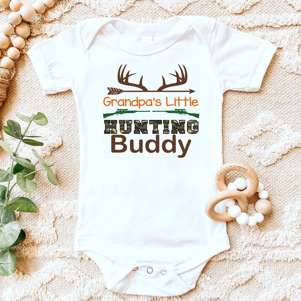 Grandpa's Little Hunting Buddy | T-Shirt One Piece Bodysuit | Little Boy | Fishing Hunting | Fish Hunt Deer | Camo camoflauge