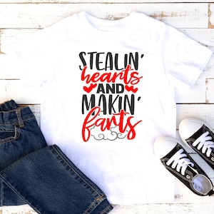 Valentine&#39;s Day Shirt | Stealing hearts and making farts | One Piece Bodysuit | Personalized Name Custom | Little Boy | Funny