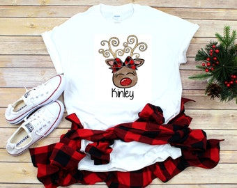 Fashion Star Girls Xmas Glitter Nose Reindeer Face T Shirt