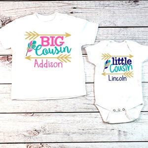 Big Cousin Little Cousin Shirts | Girl Boy Cousins | Personalized Custom Name | T-Shirt One piece Bodysuit | Matching | Feathers | Cuz