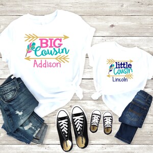 Big Cousin Little Cousin Shirts | Girl Boy Cousins | Personalized Custom Name | T-Shirt One piece Bodysuit | Matching | Feathers | Cuz