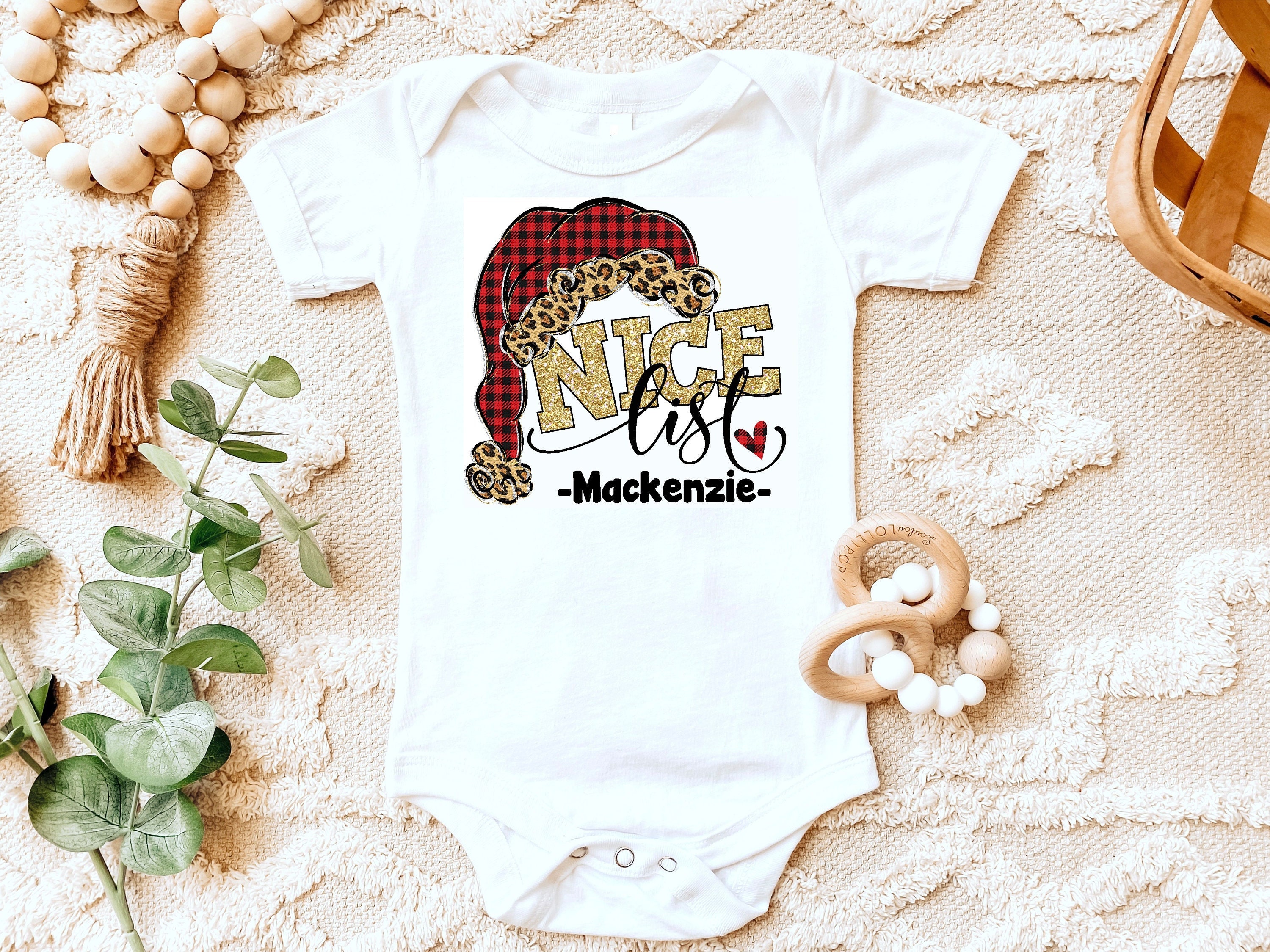 Christmas shirt | Nice List | Girl | T-shirt One Piece Bodysuit | Name Personalized | Holidays | Buffalo Plaid | Leopard Cheetah | Santa Hat