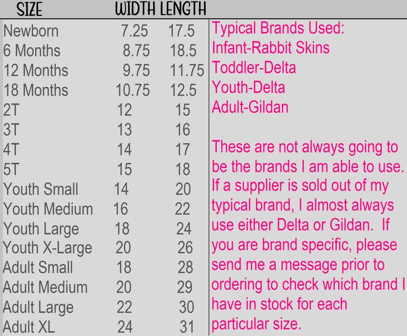 May include: A size chart with measurements in inches for various clothing sizes, from newborn to adult XL. The chart includes width and length dimensions, along with a note about the brands used, including Infant-Rabbit Skins, Delta, and Gildan.