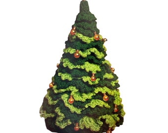 May include: A green crocheted Christmas tree with gold ornaments.