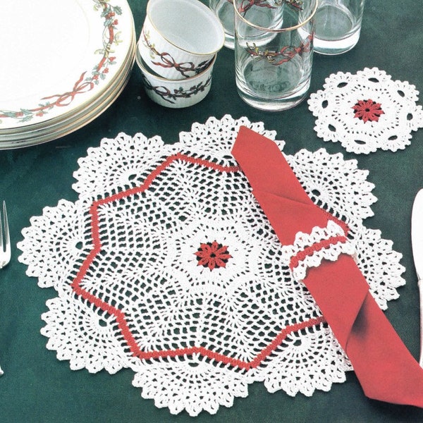 Vintage Crochet Pattern Christmas Table Topper Round Bi-color Doily PDF Instant Digital Download Christmas Decor Elegant Scallops