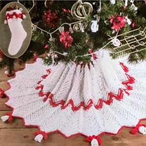 Vintage Christmas Crochet Pattern Red / White Tree Skirt and Stocking PDF Instant Digital Download Festive Holiday Home Decor Christmas Gift