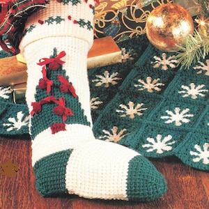 Vintage Christmas Crochet Pattern Teal/White Tree Skirt and STOCKING PDF Instant Digital Download Festive Holiday Home Decor Christmas Gift