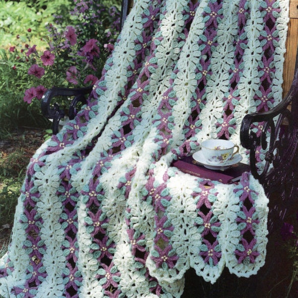 Vintage Crochet Afghan Fanciful Flowers Pattern for PDF Instant Digital Download Home Decor Throw Blanket  Shabby Chic  Grannycore