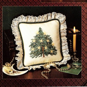 Vintage gekräuselte Weihnachtsbaum-Kissen-Muster glitzernde grüne Baum-Weihnachtslichter PDF Instant Digital Download Urlaub Dekokissen