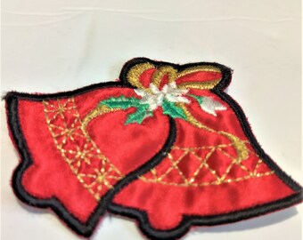 Jingle Bell Vintage Applique, Red Black Holiday Christmas Embroidery Applique  Vintage Embroidered Patch Four Appliques
