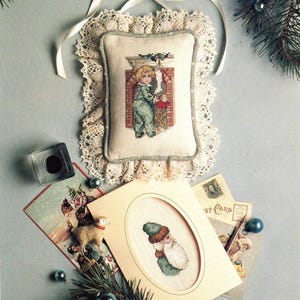 Vintage kruissteekpatroon kerstkussen en kaart wachten op kerstman pdf Instant digitale download Twee geweldige projecten om te maken