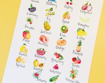 Fruit ABCs Watercolor Illustration Art Print - Alphabet Art (Print/Poster) Unframed