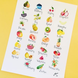 Fruit ABCs Watercolor Illustration Art Print - Alphabet Art (Print/Poster) Unframed