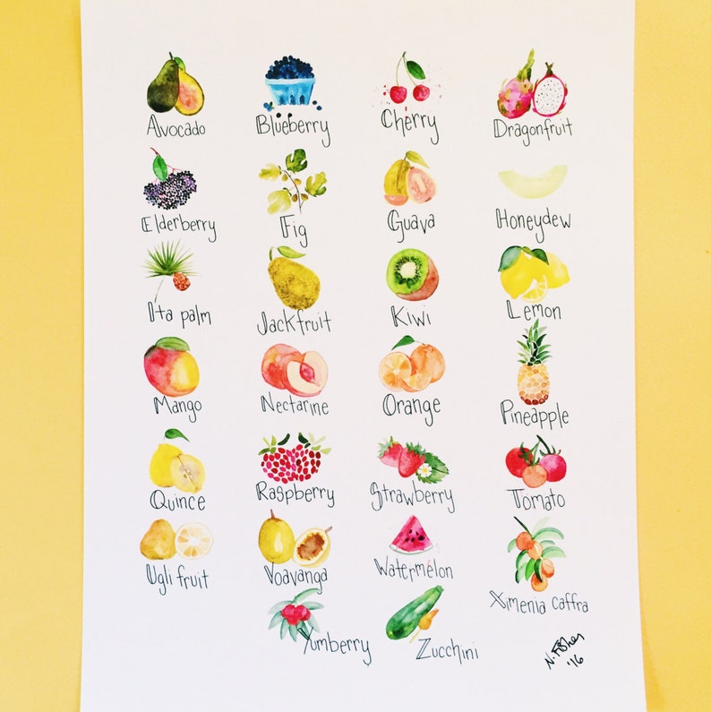 Fruit ABCs Watercolor Illustration Art Print Alphabet Art Print/Poster Unframed image 3