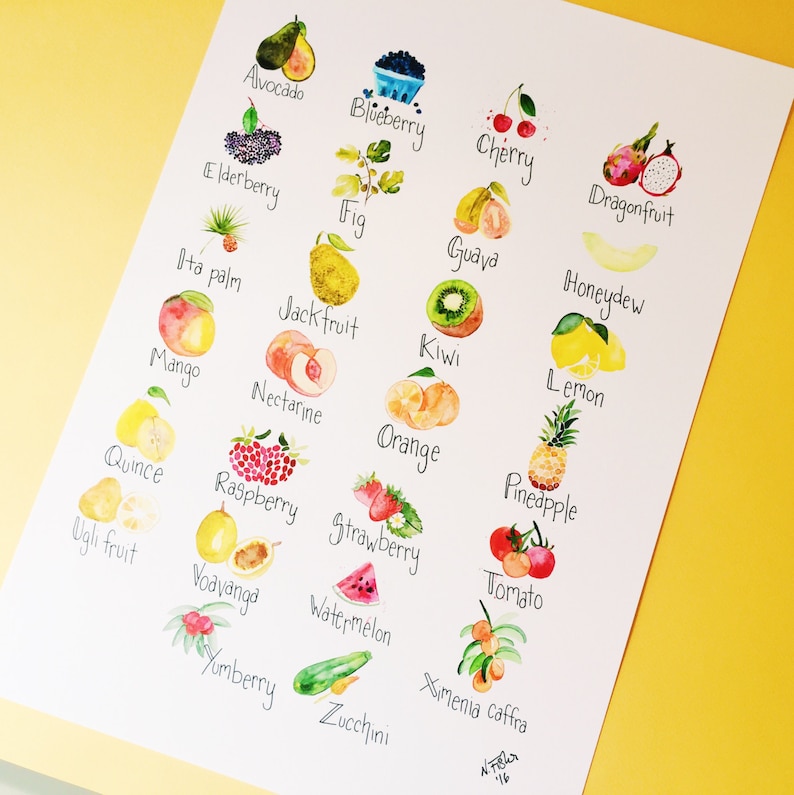 Fruit ABCs Watercolor Illustration Art Print Alphabet Art Print/Poster Unframed image 2