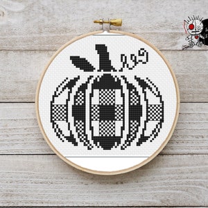 Chequered Black and White Pumpkin Halloween Fall Modern Counted Cross Stitch Pattern PDF Instant Download