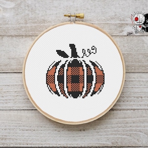 Chequered Black and Orange Pumpkin Halloween Fall Modern Counted Cross Stitch Pattern PDF Instant Download