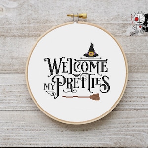 Welcome My Pretties Witch Broom Wicca Modern Counted Cross Stitch Pattern PDF Instant Download