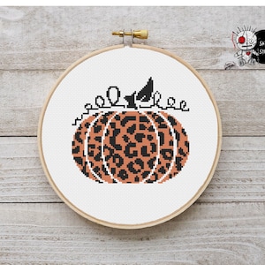 Leopard Print Black and Orange Pumpkin Halloween Fall Modern Counted Cross Stitch Pattern PDF Instant Download