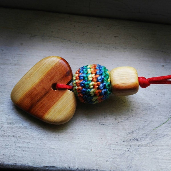Beautiful natural juniper wood heart with rainbow crochet bead nursing babywearing necklace finished with organic beeswax mix SALE