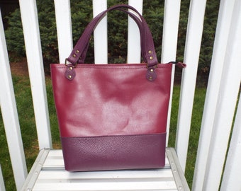 Two Toned Purple Leather Bucket Tote Bag Zipper Top, Lined with Pocket's!