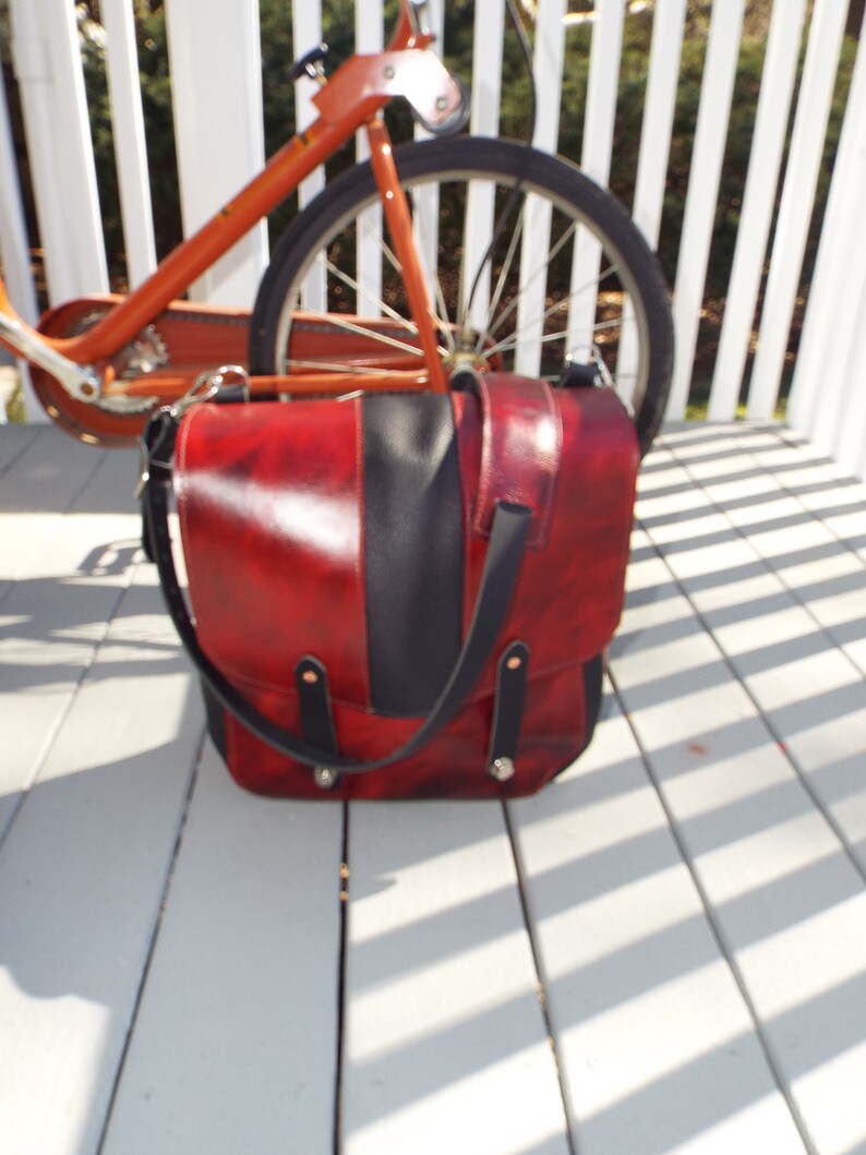 Handmade Leather Red and Black US Mail Style Messenger Bag, Laptop Bag Every Day Carry image 4