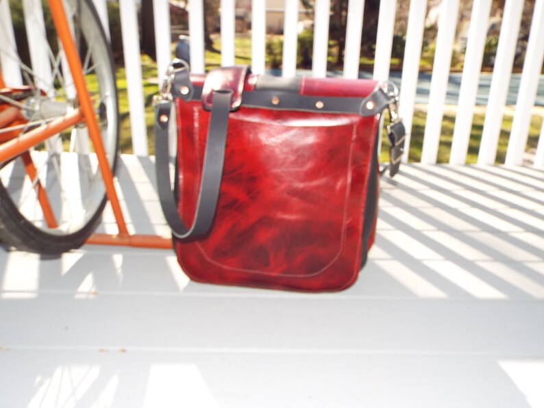 Handmade Leather Red and Black US Mail Style Messenger Bag, Laptop Bag Every Day Carry image 6