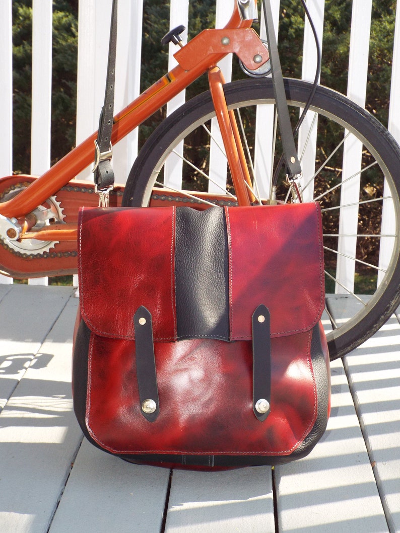 Handmade Leather Red and Black US Mail Style Messenger Bag, Laptop Bag Every Day Carry image 1