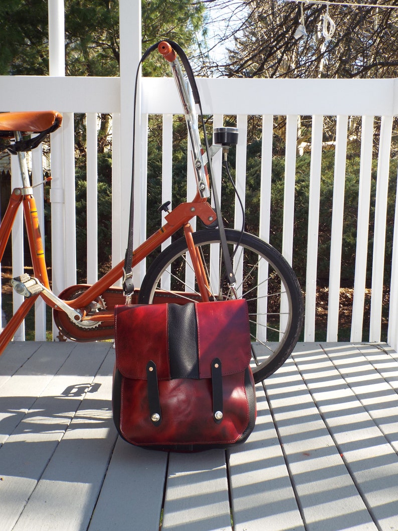 Handmade Leather Red and Black US Mail Style Messenger Bag, Laptop Bag Every Day Carry image 2