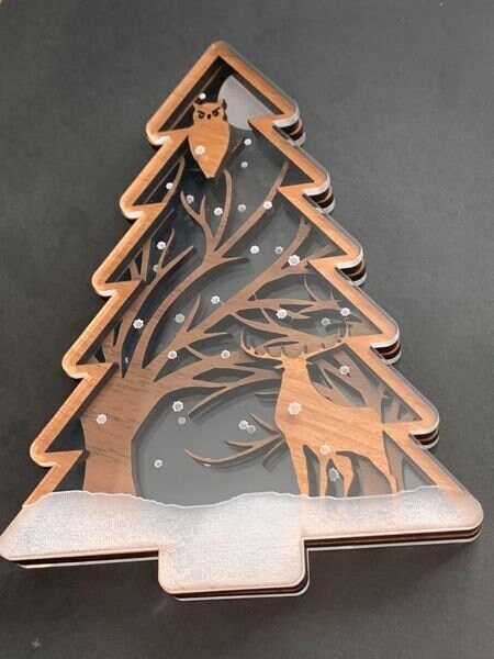 Christmas Tree, Deer and Owl Winter Snow Scene - made from clear acry…