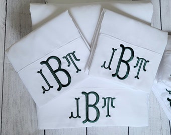 Monogrammed White Sheet Set Custom Embroidery Fishtail Font Bedding Queen, Twin, Full, King,California King