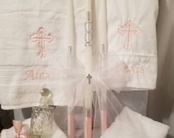 ON SALE Orthodox Baptism Towels, Candles and Oil Sheet for Greek Orthodox Baptism, Bath Towel, Embroidered, Soap and Oil Bottle Pink Set