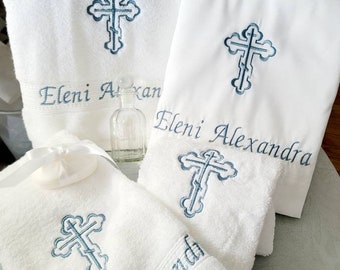 No Oil Bottle or Soap Personalized Baptism Set, Towels and Oil Sheet for Greek Orthodox Baptism, Bath Towel, Embroidered Name and Cross