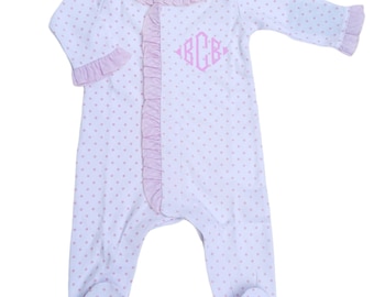 Monogram Baby Girls Bodysuit With Ruffles and Polka Dots Personalized Embroidered Pink