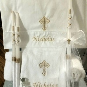 Personalized Baptism Towels, Candles and Oil Sheet for Greek Orthodox Baptism, Bath Towel, Embroidered, Soap and Oil Bottle COMPLETE SET