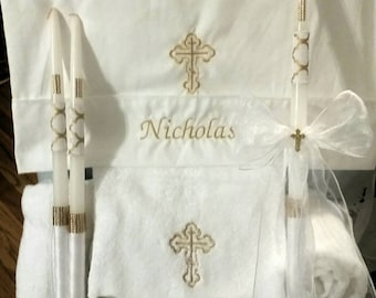 Personalized Baptism Towels, Candles and Oil Sheet for Greek Orthodox Baptism, Bath Towel, Embroidered, Soap and Oil Bottle COMPLETE SET