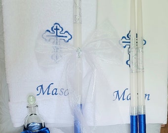 Personalized Baptism Towels, Candles and Oil Sheet for Greek Orthodox Baptism, Bath Towel, Embroidered, Soap and Bottle COMPLETE SET in blue