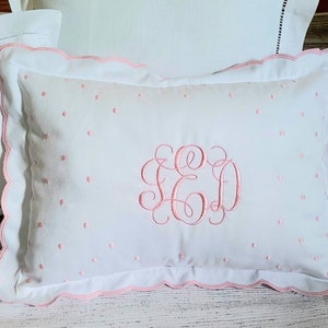 Monogram Baby Pillow Sham in Pink and White Throw Crib Pillow Embroidered Polka Dots Personalized