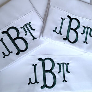 Monogrammed White Sheet Set Custom Embroidery Fishtail Font Bedding Queen, Twin, Full, King,California King image 2