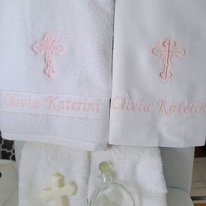 Personalized White Baptism Towel, Oil Sheet and hand towels for Greek Orthodox Baptism Oil Bottle and Cross Soap