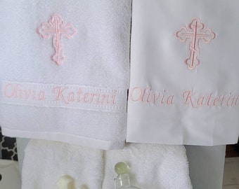 Personalized White Baptism Towel, Oil Sheet and hand towels for Greek Orthodox Baptism Oil Bottle and Cross Soap