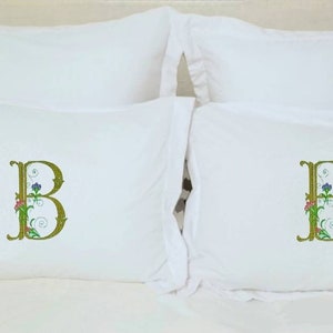 Monogrammed Pillow Sham Flowers and Vines Pillowcases Embroidered Standard or King