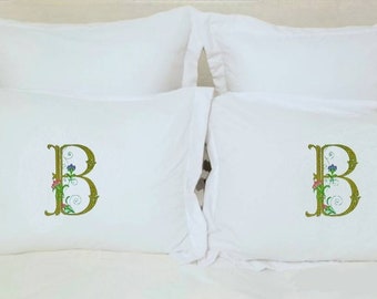 Monogrammed Pillow Sham Flowers and Vines Pillowcases Embroidered Standard or King