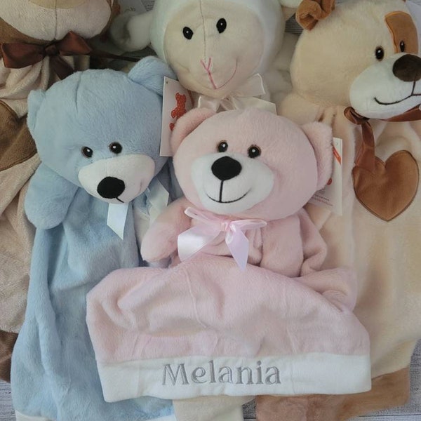 Baby Bear Personalized Toy Blanky Embroidered Bear Buddy, Lamb, Sloth or Puppy Pink or Blue Bear Baby Gift with Name