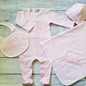 Monogrammed Baby Stripped Footsie Set with Hat, Receiving Blanket and Bib Gift Set. Coming Home Outfit,  Pink and White Pima Cotton