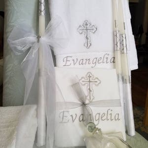 Baptism Towels, Candles, Oil Sheet for Greek Orthodox Baptism, Bath Towel, Embroidered, Soap, Oil Bottle image 1