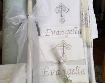 Baptism Towels, Candles, Oil Sheet for Greek Orthodox Baptism, Bath Towel, Embroidered, Soap, Oil Bottle