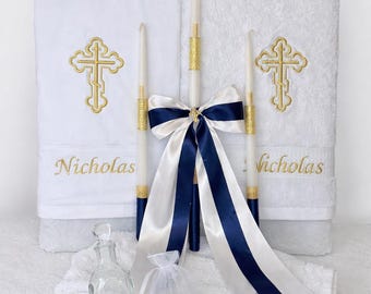 Greek Orthodox Baptism Candle Set with Personalized Towels, Gold Cross Embroidery, Navy & White Christening Set