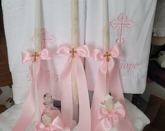 Personalized Baptism Towels, Lace with Pink Candles and Oil Sheet for Greek Orthodox Baptism, Bath Towel, Embroidered, Soap, Oil Bottle